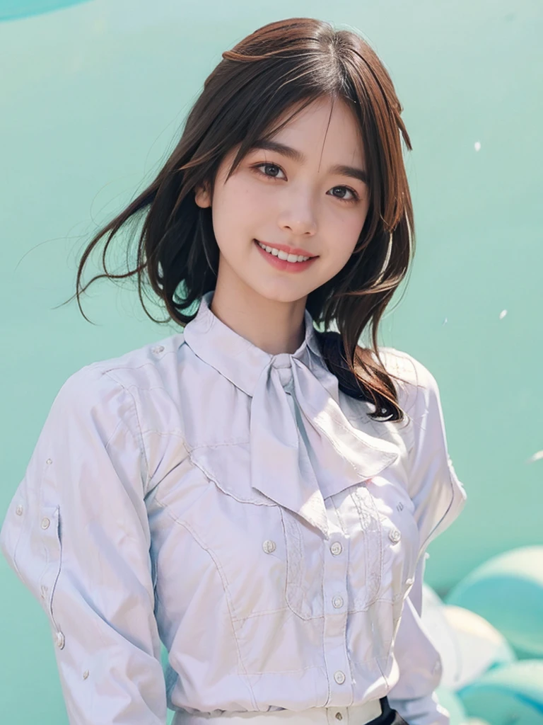 raw photo, 1girl, cute face, beautiful face, medium breast, collared blouse, White blouse, light smile, Upper body, detailed skin, pore, simple background, frontal face, wallpaper, photorealistic, anatomically correct, masterpiece, best quality, UHD