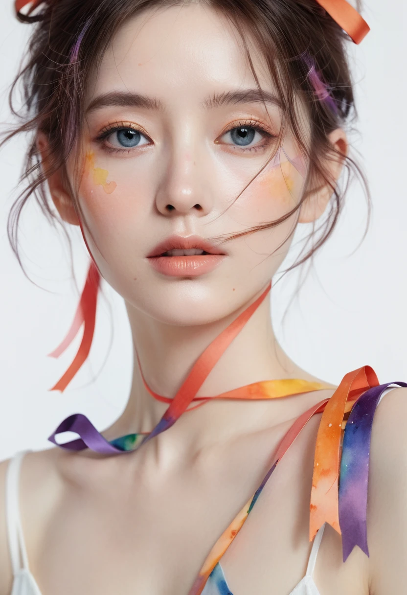 (8k, best quality, masterpiece:1.2),(best quality:1.0), (ultra highres:1.0), watercolor, a beautiful woman, shoulder, hair ribbons, by agnes cecile, half body portrait, extremely luminous bright design, pastel colors, (ink:1.3), autumn lights,