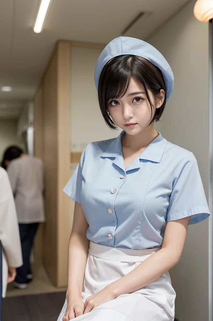 (1 Girl )、(Beautiful Japanese、24years old,round face、Refreshing、clear、seems kind、stylish、Pitiful、cute like an angel、cute、black eyes、(Single eyelid:1.3)、Beautiful skin), {(Japan human face:1.4),(General facial features)} , (((Beautiful breasts:0.4))),(((soft breasts))),(very cute),(short bob hair,black hair,),(enchanting eyes),(highlight on eyes:1.2)、(8K、Live shooting、highest quality、masterpiece:1.2、optimal lighting)、((masterpiece)),(Photo taken by a professional photographer),(real、photo real:1.4),BREAK,{ (White nurse costume),(((taraditional nurse uniform))),,{(White nurse tight skirt)}},( Shy:1.4),(tears:1.4)) break, hospital,Face shot:1.0、 face close-up,,(((1970s vibe)))、Hospital ,dynamic angle,from below,sitting,