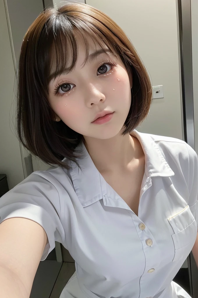 (1 Girl )、(Beautiful Japanese、24years old,round face、Refreshing、clear、seems kind、stylish、Pitiful、cute like an angel、cute、black eyes、(Single eyelid:1.3)、Beautiful skin), {(Japan human face:1.4),(General facial features)} , (((Beautiful breasts:0.4))),(((soft breasts))),(very cute),(short bob hair,black hair,),(enchanting eyes),(highlight on eyes:1.2)、(8K、Live shooting、highest quality、masterpiece:1.2、optimal lighting)、((masterpiece)),(Photo taken by a professional photographer),(real、photo real:1.4),BREAK,{ (White nurse costume),(((taraditional nurse uniform))),,{(White nurse tight skirt)}},( Shy:1.4),(tears:1.4)) break, hospital,Face shot:1.0、 face close-up,,(((1970s vibe)))、Hospital ,dynamic angle,from below,sitting,