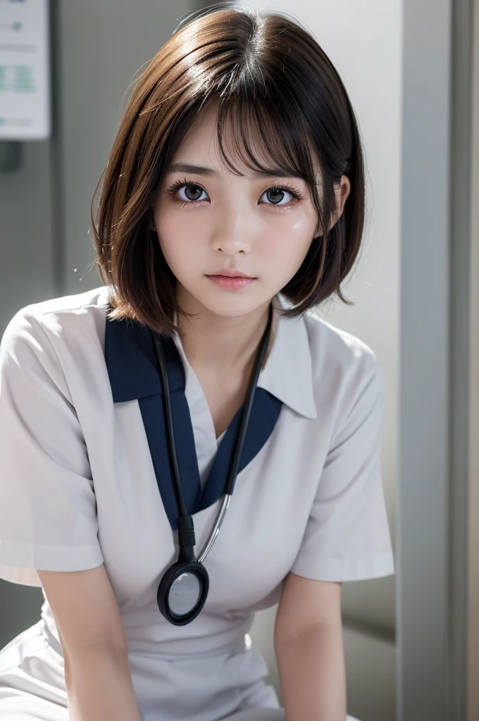 (1 Girl )、(Beautiful Japanese、24years old,round face、Refreshing、clear、seems kind、stylish、Pitiful、cute like an angel、cute、black eyes、(Single eyelid:1.3)、Beautiful skin), {(Japan human face:1.4),(General facial features)} , (((Beautiful breasts:0.4))),(((soft breasts))),(very cute),(short bob hair,black hair,),(enchanting eyes),(highlight on eyes:1.2)、(8K、Live shooting、highest quality、masterpiece:1.2、optimal lighting)、((masterpiece)),(Photo taken by a professional photographer),(real、photo real:1.4),BREAK,{ (White nurse costume),(((taraditional nurse uniform))),,{(White nurse tight skirt)}},( Shy:1.4),(tears:1.4)) break, hospital,Face shot:1.0、 face close-up,,(((1970s vibe)))、Hospital ,dynamic angle,from below,sitting,