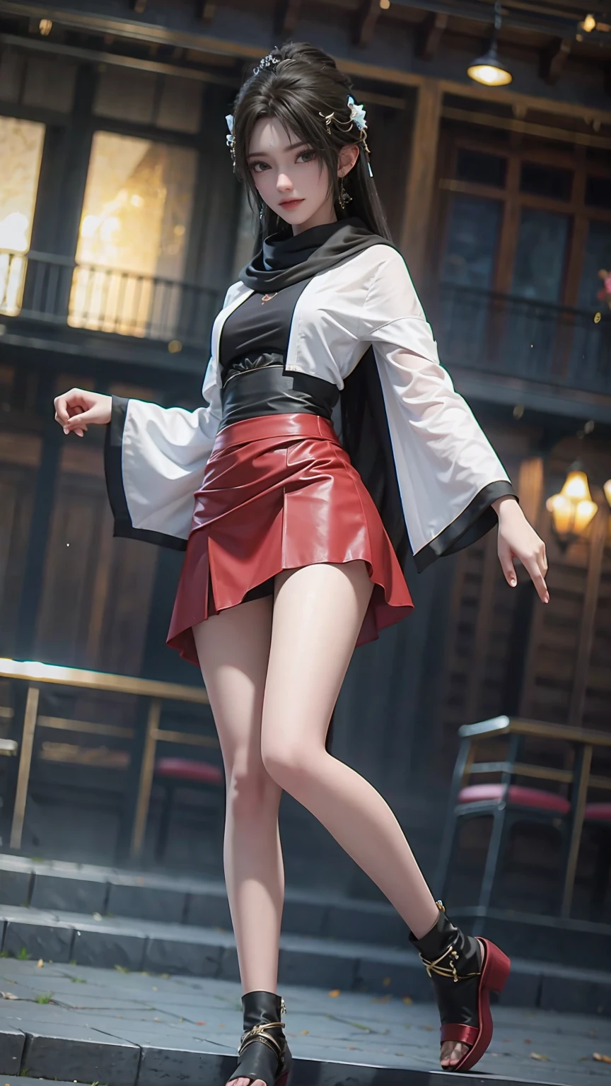 (masterpiece, best quality:1.2), Cowboy shooting, Solitary, 1 Girl, Ayanokouji Rem, Smile, Looking at the audience, Long sleeve, shawl, Red Skirt, High Leg Raise