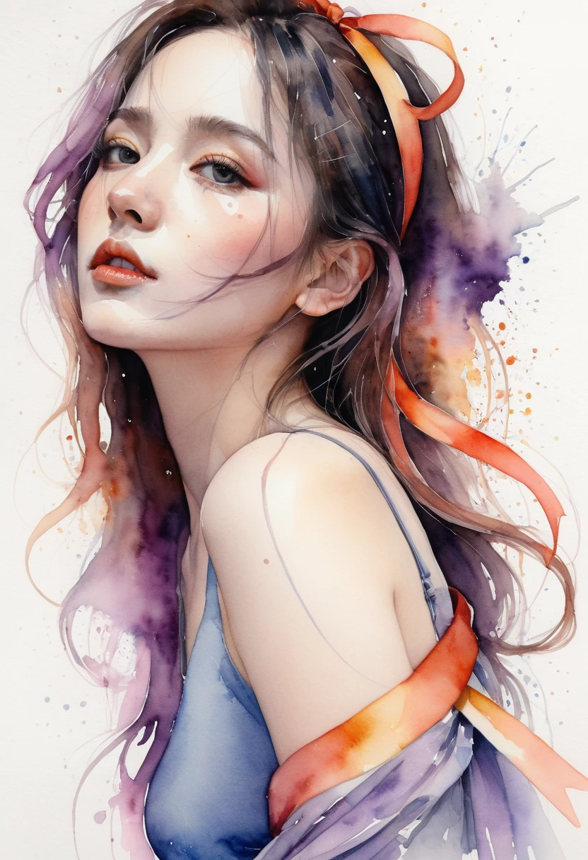 (8k, best quality, masterpiece:1.2),(best quality:1.0), (ultra highres:1.0), watercolor, a beautiful woman, shoulder, hair ribbons, by agnes cecile, half body portrait, extremely luminous bright design, pastel colors, (ink:1.3), autumn lights,