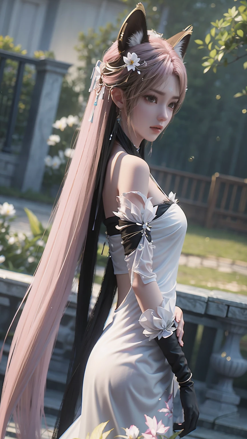 Nine snow-white fox tails (1.0), Milky white fox tail (1.0), Nine-tailed fox close-up, Nine Tails, Nine Tails, Pink Hair、Wearing a pink dress、Anime girl with flowers in her hair, very Beautiful anime fox girl, Beautiful anime fox girl, Beautiful fantasy anime, Gu Weiss, Anime girl with fox ears, Beautiful anime girl, Very beautiful and cute fox girl, Pink flower rain, Background blur, Anime style 4k, Anime Fantasy Artwork, 4k anime wallpaper, Guvez-style artwork