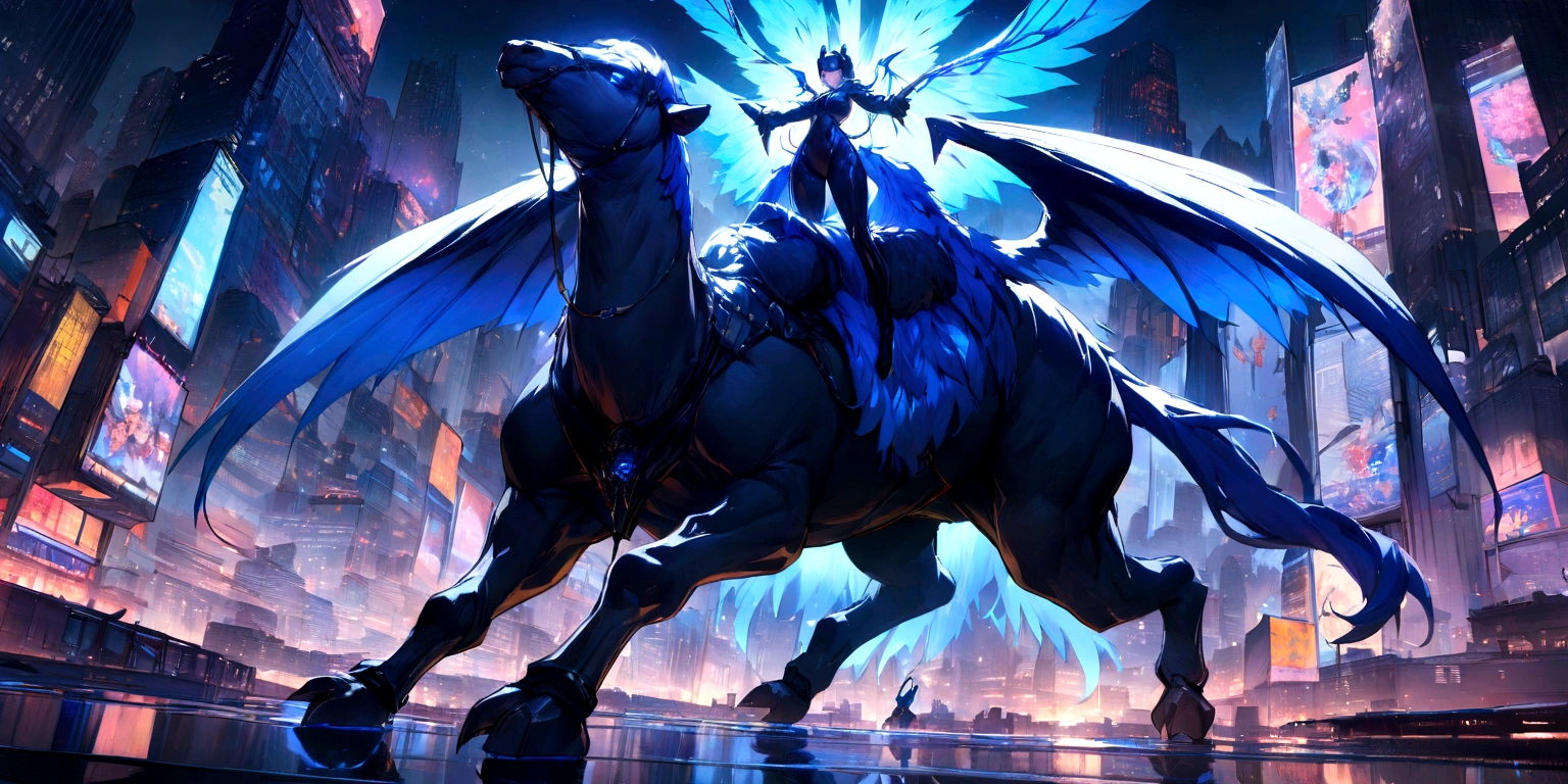 ((masterpiece, Highest quality, Best image quality, High resolution、8ｋ)) A female demon riding a two-headed camel、Female demons have wings、Glowing blue eyes and advanced cybernetic enhancements. Seen in dynamic action poses, reflection on a smooth surface. The cityscape below is filled with towering skyscrapers., illuminated by colorful holographic advertisements, Shining with blue energy, Mighty power. The overall atmosphere is dark and mysterious., It had a futuristic techno vibe.. The lighting is dramatic, Intense highlights and deep shadows, Creates depth and tension.