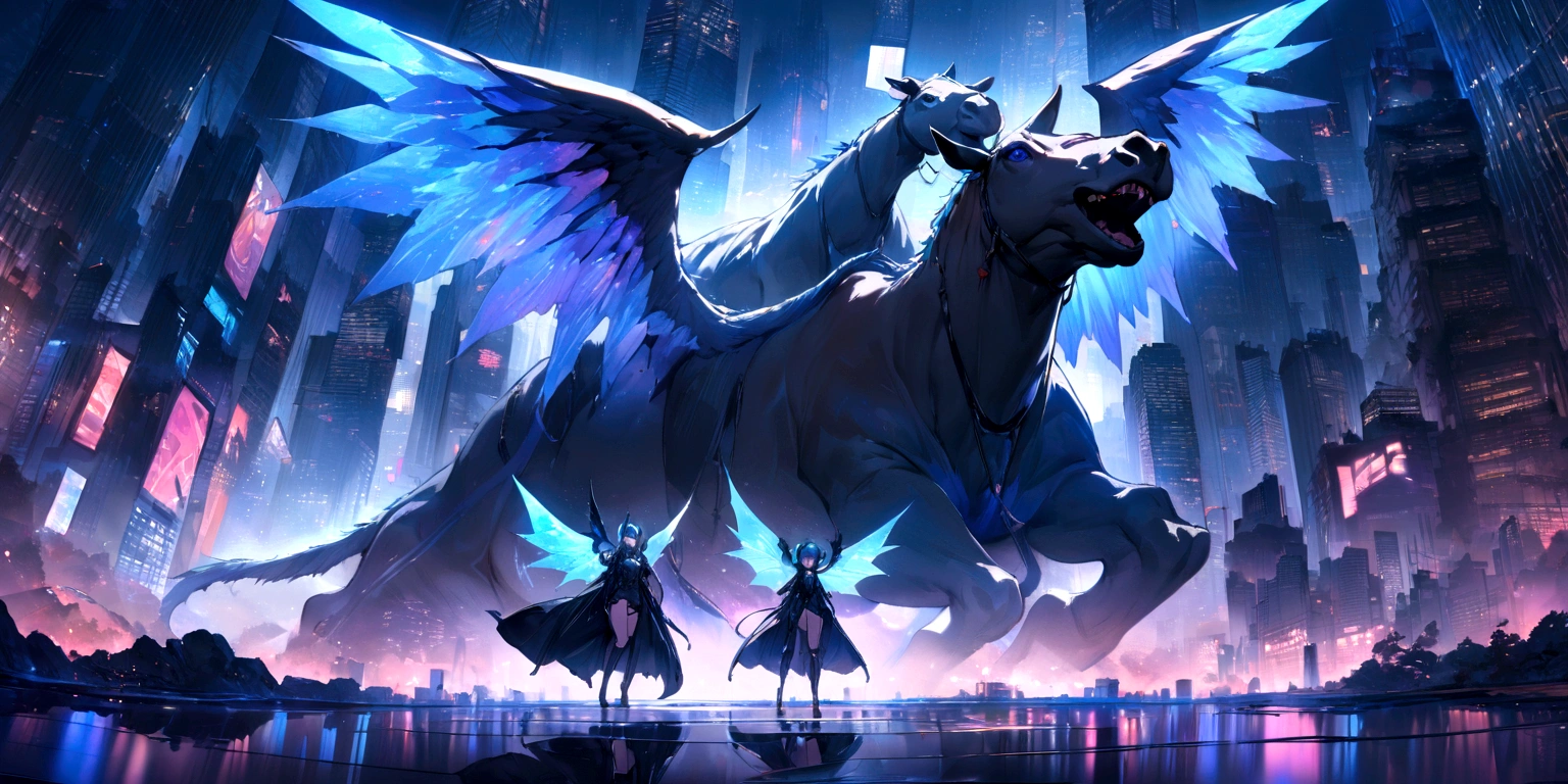 ((masterpiece, Highest quality, Best image quality, High resolution、8k)) A female demon riding a two-headed camel、Female demons have wings、Glowing blue eyes and advanced cybernetic enhancements. Seen in dynamic action poses, reflection on a smooth surface. The cityscape below is filled with towering skyscrapers., illuminated by colorful holographic advertisements, Shining with blue energy, Mighty power. The overall atmosphere is dark and mysterious., It had a futuristic techno vibe.. The lighting is dramatic, Intense highlights and deep shadows, Creates depth and tension.