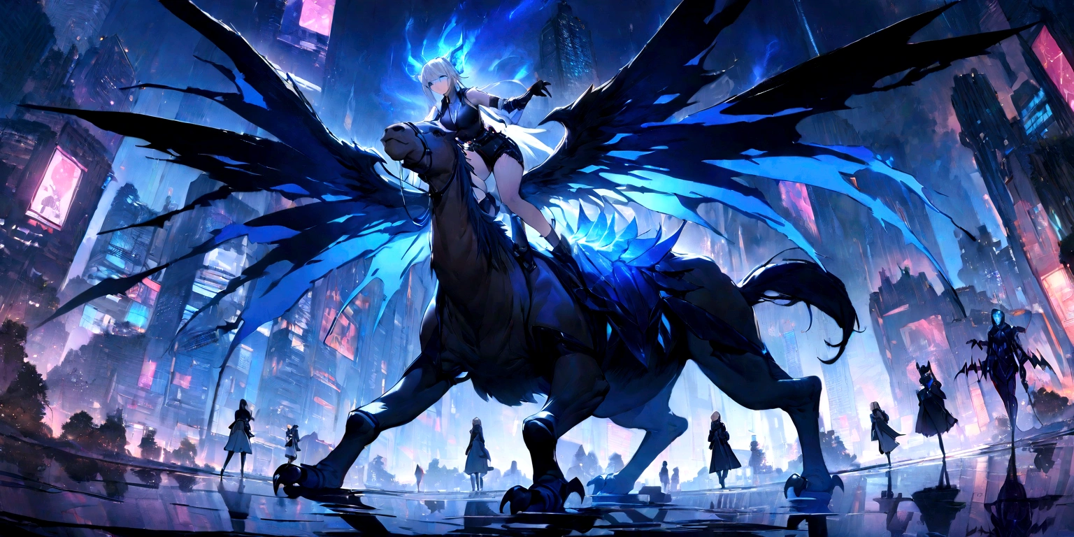 ((masterpiece, Highest quality, Best image quality, High resolution、8k)) A female demon riding a two-headed camel、Female demons have wings、Glowing blue eyes and advanced cybernetic enhancements. Seen in dynamic action poses, reflection on a smooth surface. The cityscape below is filled with towering skyscrapers., illuminated by colorful holographic advertisements, Shining with blue energy, Mighty power. The overall atmosphere is dark and mysterious., It had a futuristic techno vibe.. The lighting is dramatic, Intense highlights and deep shadows, Creates depth and tension.