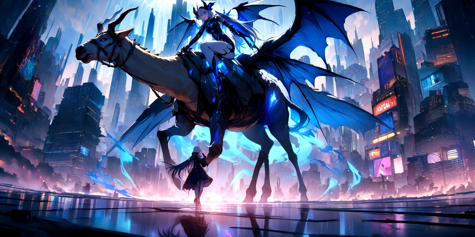 ((masterpiece, Highest quality, Best image quality, High resolution、8k)) A female demon riding a two-headed camel、Female demons have wings、Glowing blue eyes and advanced cybernetic enhancements. Seen in dynamic action poses, reflection on a smooth surface. The cityscape below is filled with towering skyscrapers., illuminated by colorful holographic advertisements, Shining with blue energy, Mighty power. The overall atmosphere is dark and mysterious., It had a futuristic techno vibe.. The lighting is dramatic, Intense highlights and deep shadows, Creates depth and tension.
