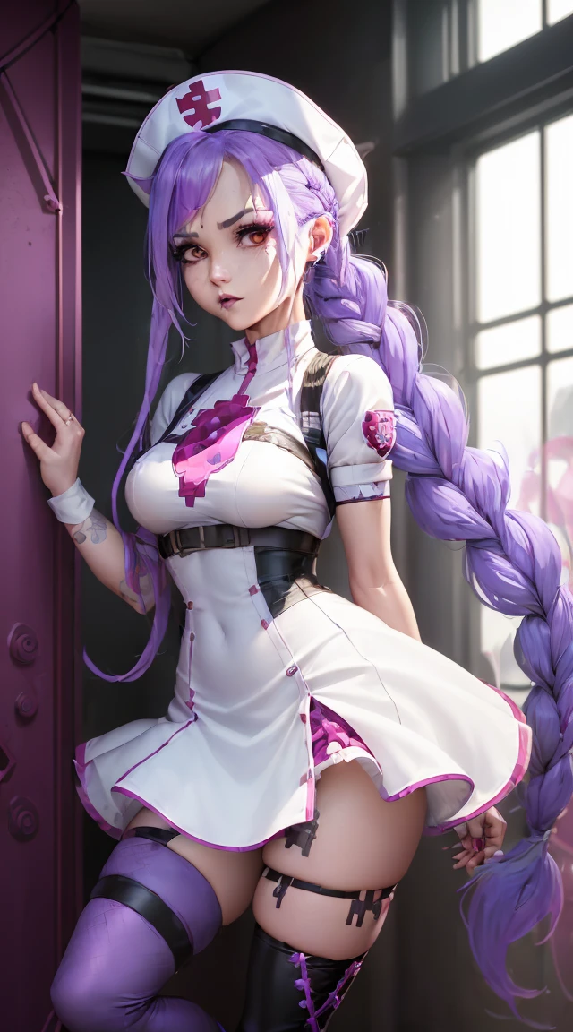 Jinx Nurse，Nurse Hat，(White nurse costume)，Rote Rose Tattoo am Arm，Blue twisted braid，Runaway Lori，League of Legends ，Full body，(knee-high boots)),purple rosin mesh leggings),(stand on one&#39;s feet)，The background is dark and hard，There is a feeling of danger and intensity, , (Shiny Assassin Ornaments),highres,keen focus,(ultra detailed,extremely detail),(photorealestices Kunstwerk:1.37),(extremely detail CG unity 8k wallpaper),(((bright colours,lively topic))),(complicated),(​masterpiece),(best quality),artistic photography,(Photography taken by SLDR),(complicated background),perfectly rendered face,perfect facial details,realistic face,photorealestic,((complicated detail)),(((真实感))),