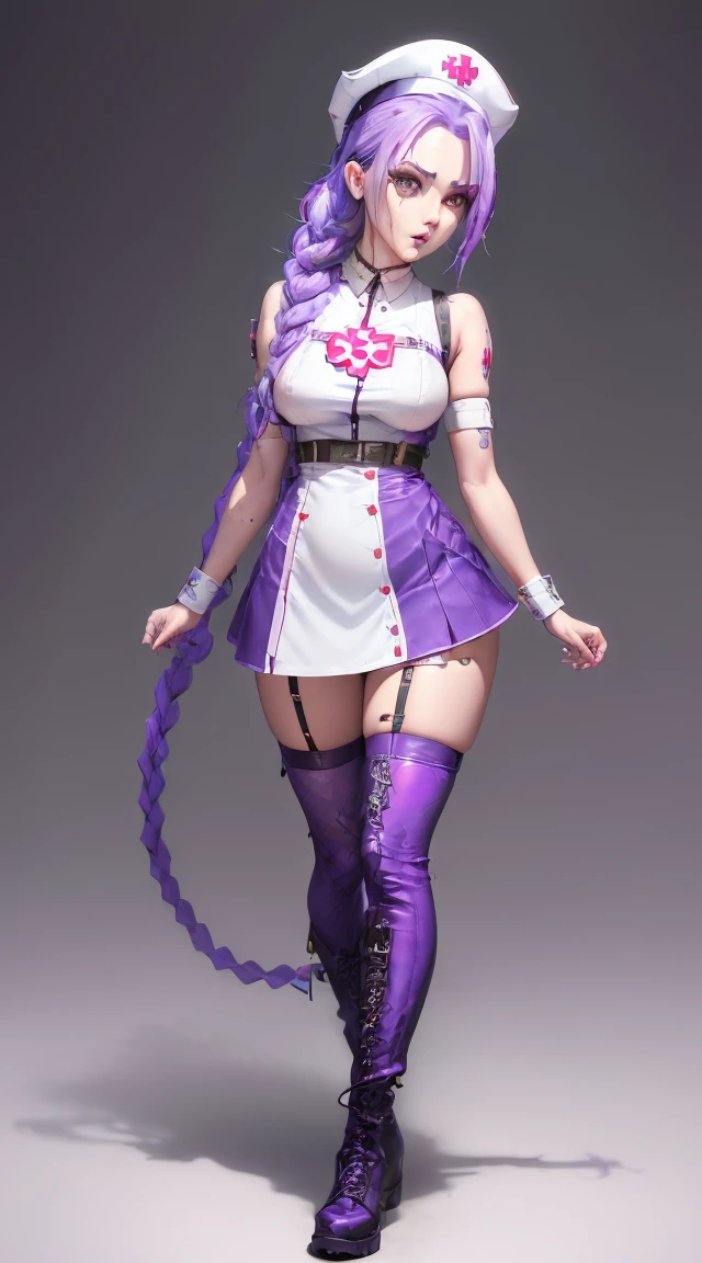 Jinx Nurse，Nurse Hat，(White nurse costume)，Rote Rose Tattoo am Arm，Blue twisted braid，Runaway Lori，League of Legends ，Full body，(knee-high boots)),purple rosin mesh leggings),(stand on one&#39;s feet)，The background is dark and hard，There is a feeling of danger and intensity, , (Shiny Assassin Ornaments),highres,keen focus,(ultra detailed,extremely detail),(photorealestices Kunstwerk:1.37),(extremely detail CG unity 8k wallpaper),(((bright colours,lively topic))),(complicated),(​masterpiece),(best quality),artistic photography,(Photography taken by SLDR),(complicated background),perfectly rendered face,perfect facial details,realistic face,photorealestic,((complicated detail)),(((真实感))),