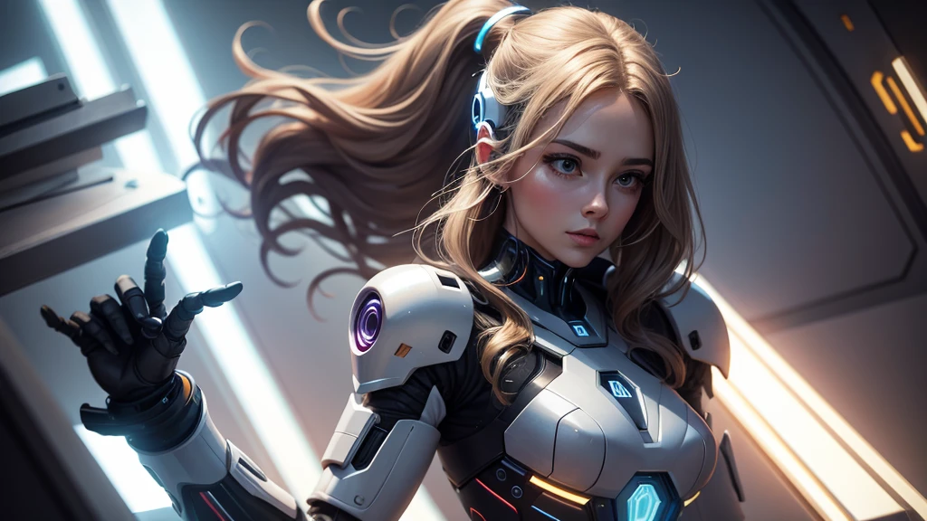 Technological robot woman, with lights on your hands and body, very detailled, beautiful and ultra realistic