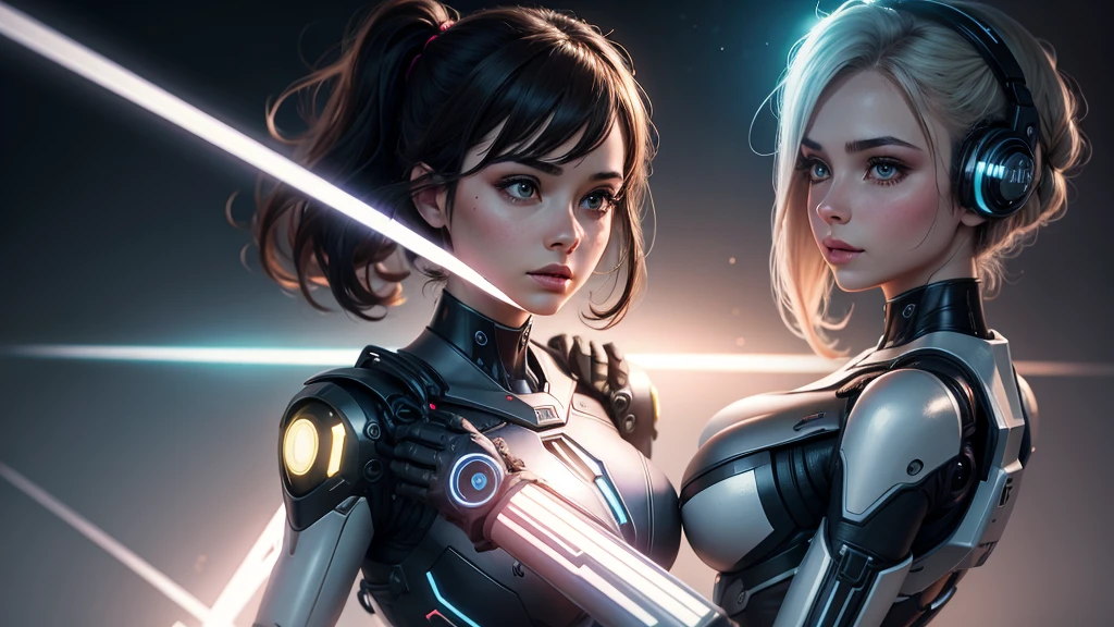 Technological robot woman, with lights on your hands and body, very detailled, beautiful and ultra realistic
