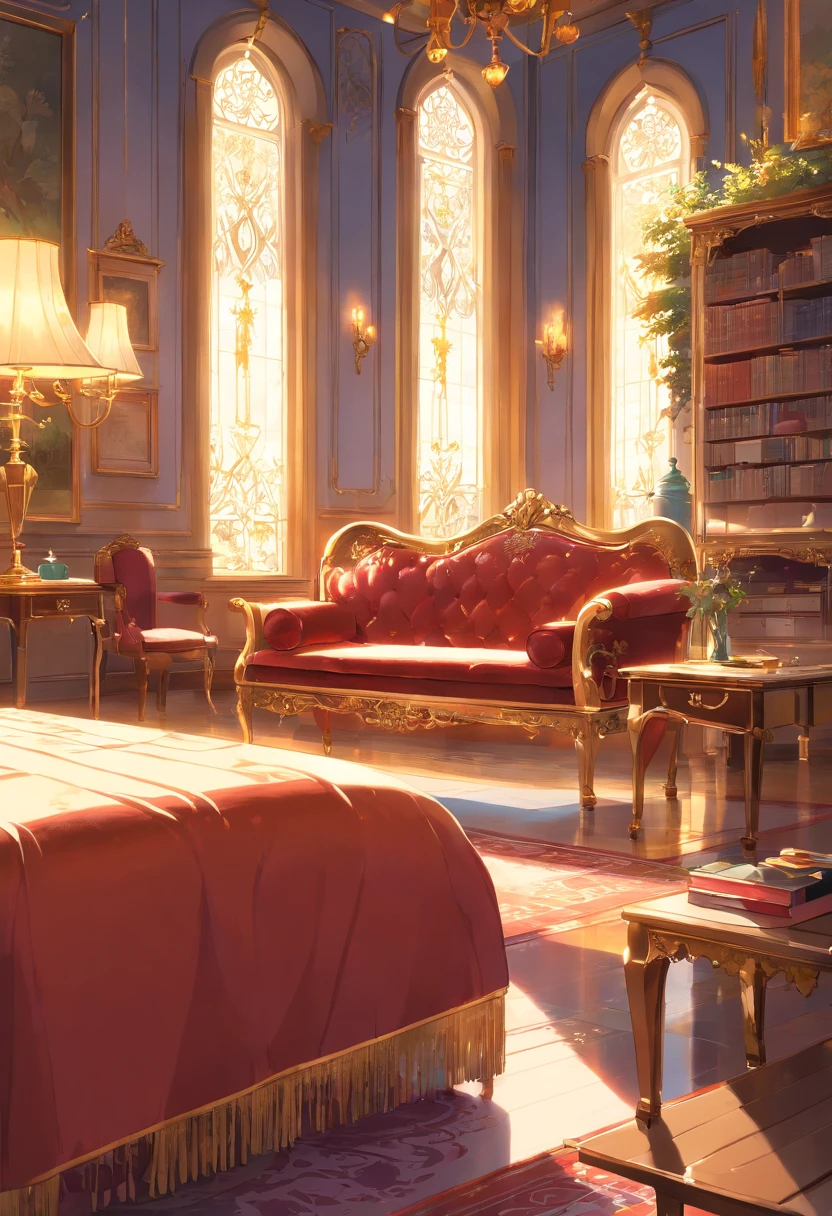And now I felt a gentle push at the small of my back, and a tug at my hand, as if the room itself was inviting me in. “No--my shoes--” I began, but the push and the tug became firmer and I found myself stepping awkwardly across the threshold, onto the embroidered crimson velvet. The furniture was as grand as the room itself, carved and gilded and polished until it glowed in the sunlight streaming in the windows. There was an enormous bed on a dais, canopied in gold with a sheer white counterpane; the largest dressing-table I could imagine, covered with brushes and combs and cut-glass bottles of perfume and cosmetics; a writing-desk so elegant I could hardly imagine sitting at it; and rich golden velvet sofas and chairs scattered throughout the room, so that I could sit nearly anywhere if the mood suddenly struck me. I took another step into the room, my eyes wandering from the gorgeous walls to the magnificent furniture to the lofty ceiling hung with crystal chandeliers--the room was so large it needed five of them.