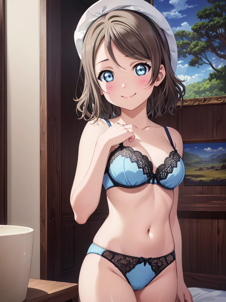 1girl, solo, watanabe you, light blue bra,light blue panties, blue eyes,small breasts,short hair, bedroom,looking at viewer, armpits,pussy,grey hair,blush,closed mouth,smile,arms behind head,on back