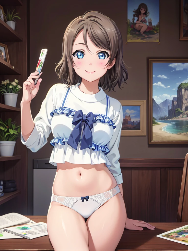 ((Highest quality)),(Ultra-high resolution),(Very detailed),(Detailed Description),((The best CG)),(A masterpiece),Ultra-detailed art,Amazing painting art,(Art with precise details:1.5), Portraiture:1.6,Beautiful and well-proportioned face:1.5, (smile), Watanabe Yo, surprised, Sexy Underwear, (((Underwear only))), bra, Panties, Large Breasts, ((In underwear)),