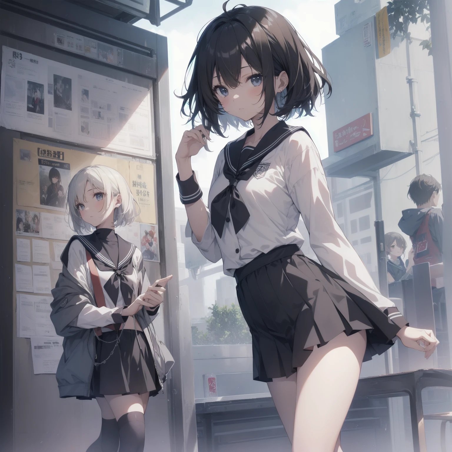 ultra-absurdres-Top quality by artist God, ultra-detailed, high resolution, anime moe artstyle, best anime 8k konachan wallpaper, pixiv contest winner, pool:2810, perfect anatomy,break, 1girl, (Please draw a girl walking sleepily to school alone. )break,(Solo,little female, 13-year-old:1.3),Full limbs, complete fingers,a junior high school student, (very short hair), short cut, flat chest, , small butt, small black eyes, beautiful detailed eyes, well-proportioned iris and pupils, expressive eyes, highres detailed hair, soft expression, salor school_uniform, sailor collar, serahuku, bow, pleated skirt,(Detailed Lighting), (Detailed background), in the School commute route. break,super detailed skin, Best cinematic lighting powered by famous artist, 8k,beauty illustration,photoshop_(medium),very aesthetic,break,((artist:toosaka_asagi )), artist:clamp ,artist:carnelian ,artist:kantoku ,