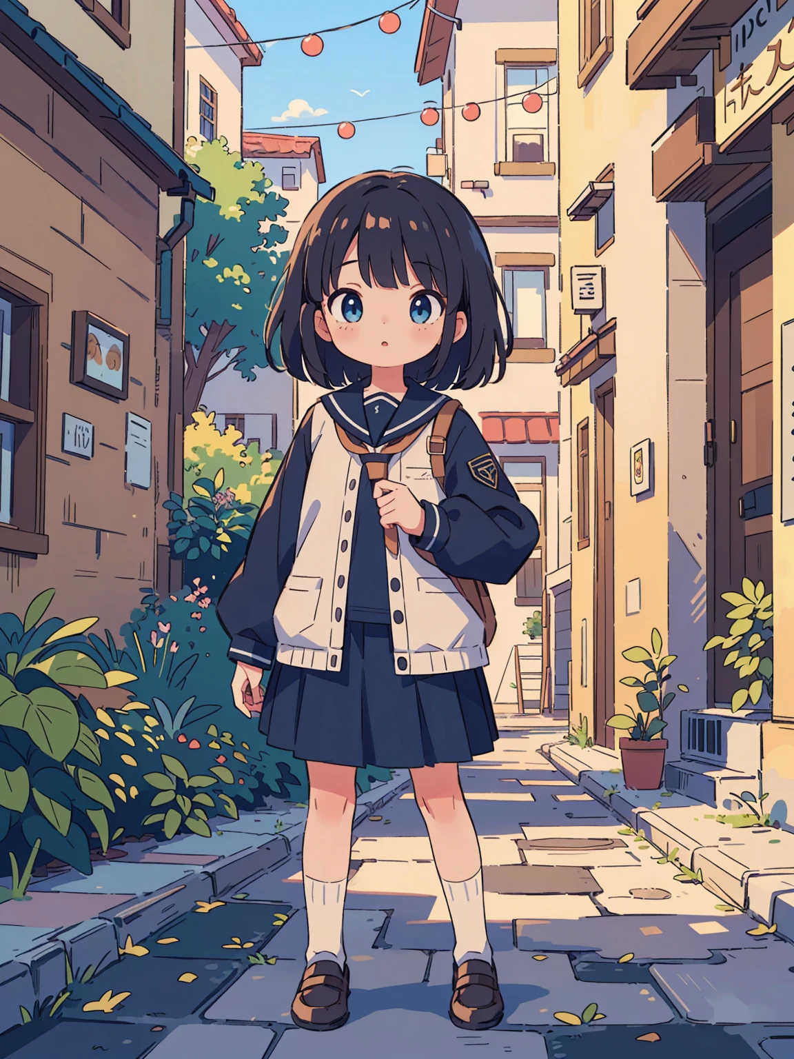 ((Masterpiece, best quality, high quality, very detailed CG uniform 8k wallpaper, very detailed, very detailed background)), detailed eyes, shiny hair, shiny skin, bright skin, (SFW), (1girl, black hair, blue eyes, elementary school), (standing ), (outdoor, town streets, stone streets)