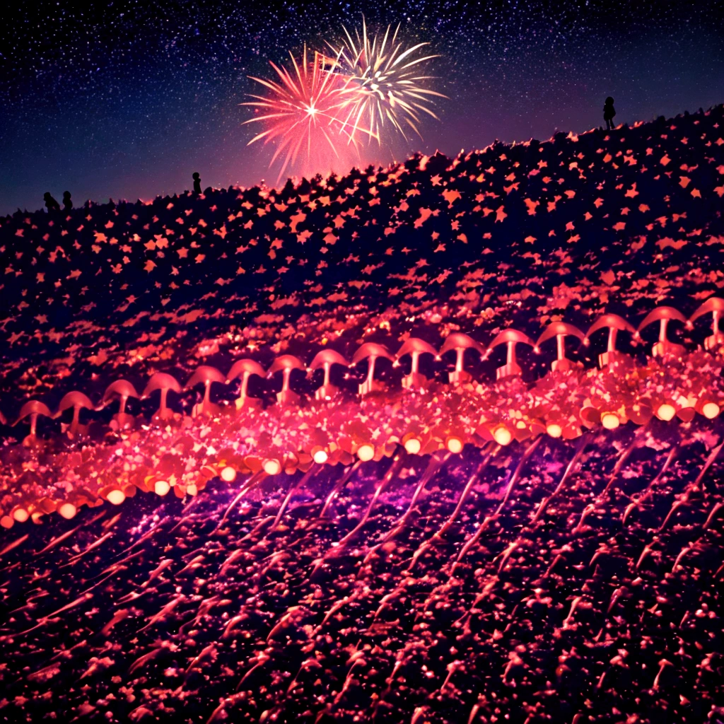 In the vast night sky，(Brilliant fireworks:1.3)Bursting with colorful light，Bloom in an instant(Beautiful picture:1.2)。People's eyes are attracted by this brilliant sight，They all looked up at the sky，Let out cheers of joy。