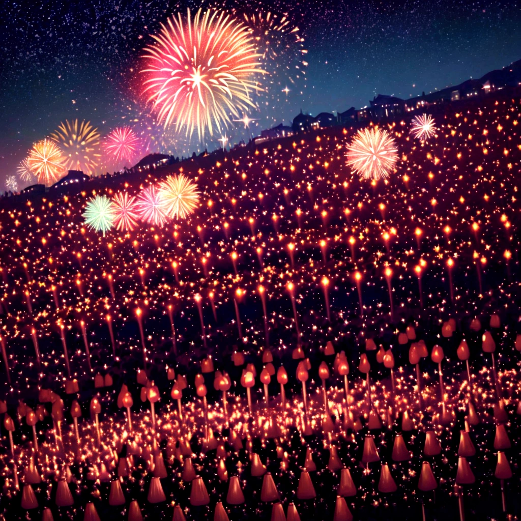 In the vast night sky,(Brilliant fireworks:1.3)Bursting with colorful light,Bloom in an instant(Beautiful picture:1.2)。People's eyes are attracted by this brilliant sight,They all looked up at the sky,Let out cheers of joy。