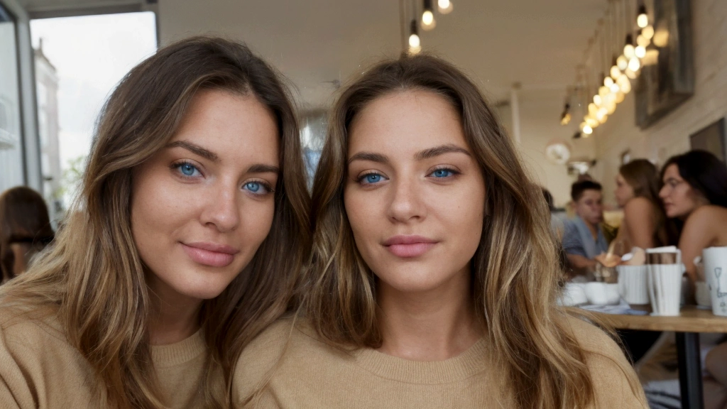 Beautiful brunette with blonde highlights wearing a beige sweater (in a cafe drinking soda), very detailled, 22 years old, inoccent face, natural wavy hair, blue colored eyes, high resolution, work of art, best qualityer, high and intricate details, highy detailed, sharp focus, skin detailed, realistic skin texture, texture, detailedeyes, proffesional, 4K, charming smile, filmed in canon, 85mm, Shallow depth of field, Kodak Vision Colors, perfect shape body, extremely detaild, fotr_\(ultra\), photorrealistic, realisitic, after treatment, maximum details, roughness, real-life, ultra realist, fotorrealism, fot, 8k hd, fot