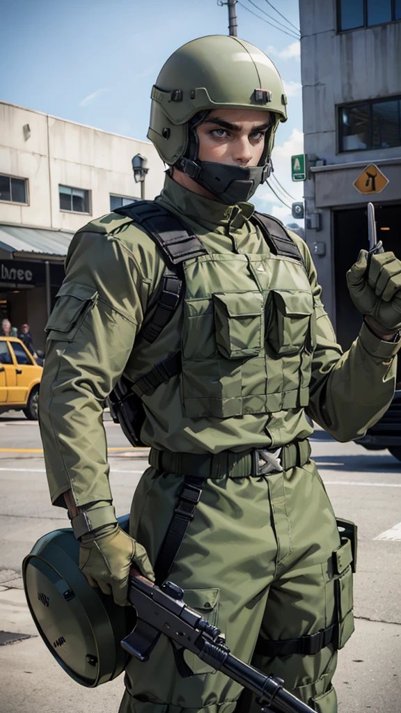 olive green armed guard with helmet and riot shield looking angry at me
