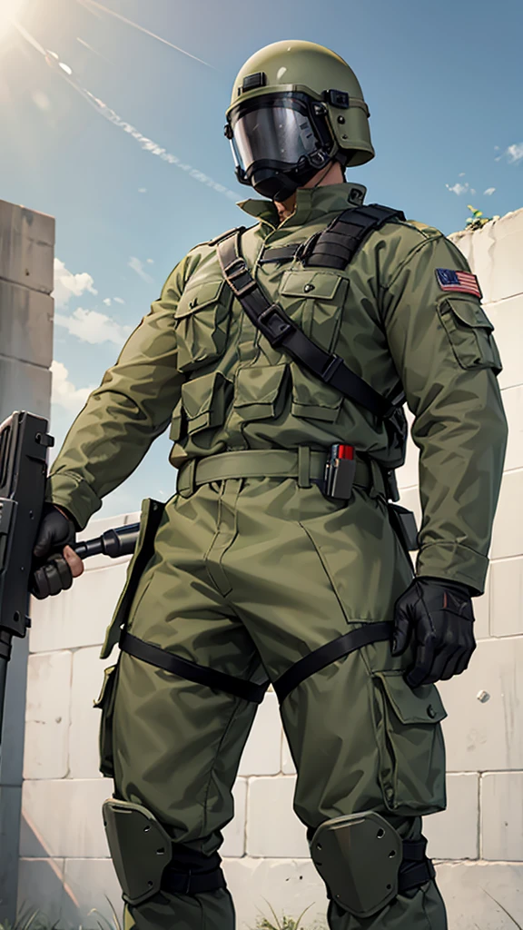 olive green armed guard with helmet and riot shield looking angry at me