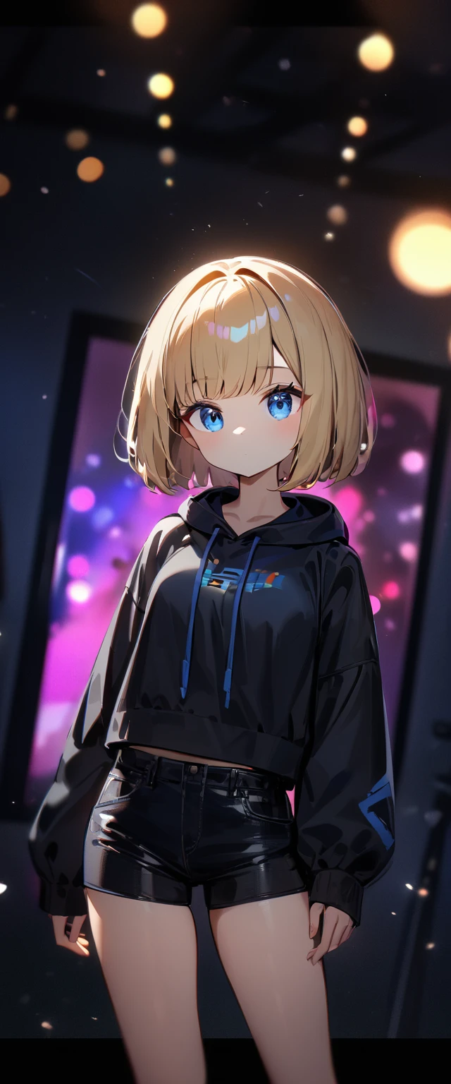 (((One girl))), blond hair, bob cut, breasts, from front, (cowboy shot), (looking at viewer), ((black shorts)), ((black cropped hoodie)), puffy sleeves, Casual Stance, arm at side, face in focus, ager, head tilt:1.3, (((blue eye))), ((no mouth)), ((sleeves past wrists)), anime style, (best quality, 4k, 8k, highres, masterpiece:1.2, ultra-detailed, ultra-detailed eyes, HDR, UHD, studio lighting, ultra-fine painting, sharp focus, physically-based rendering, extreme detail description, professional, vivid colors, bokeh)