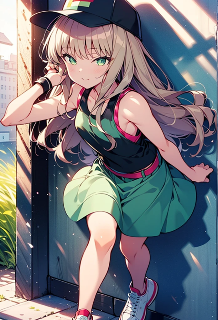minami yume ,sss Dynazenon ,Long Hair, Brown Hair, (Green Eyes:1.5) ,blush,smile,hair band,Sleeveless shirt,Baseball cap,Long skirt,sneakers,Daytime,Clear skies,Walking,whole bodyがイラストに入るように, break looking at viewer, whole body, break outdoors ,Building district, break (masterpiece:1.2), Highest quality, High resolution, unity 8k wallpaper, (shape:0.8), (Beautiful and beautiful eyes:1.6), Highly detailed face, Perfect lighting, Extremely detailed CG, (Perfect hands, Perfect Anatomy),