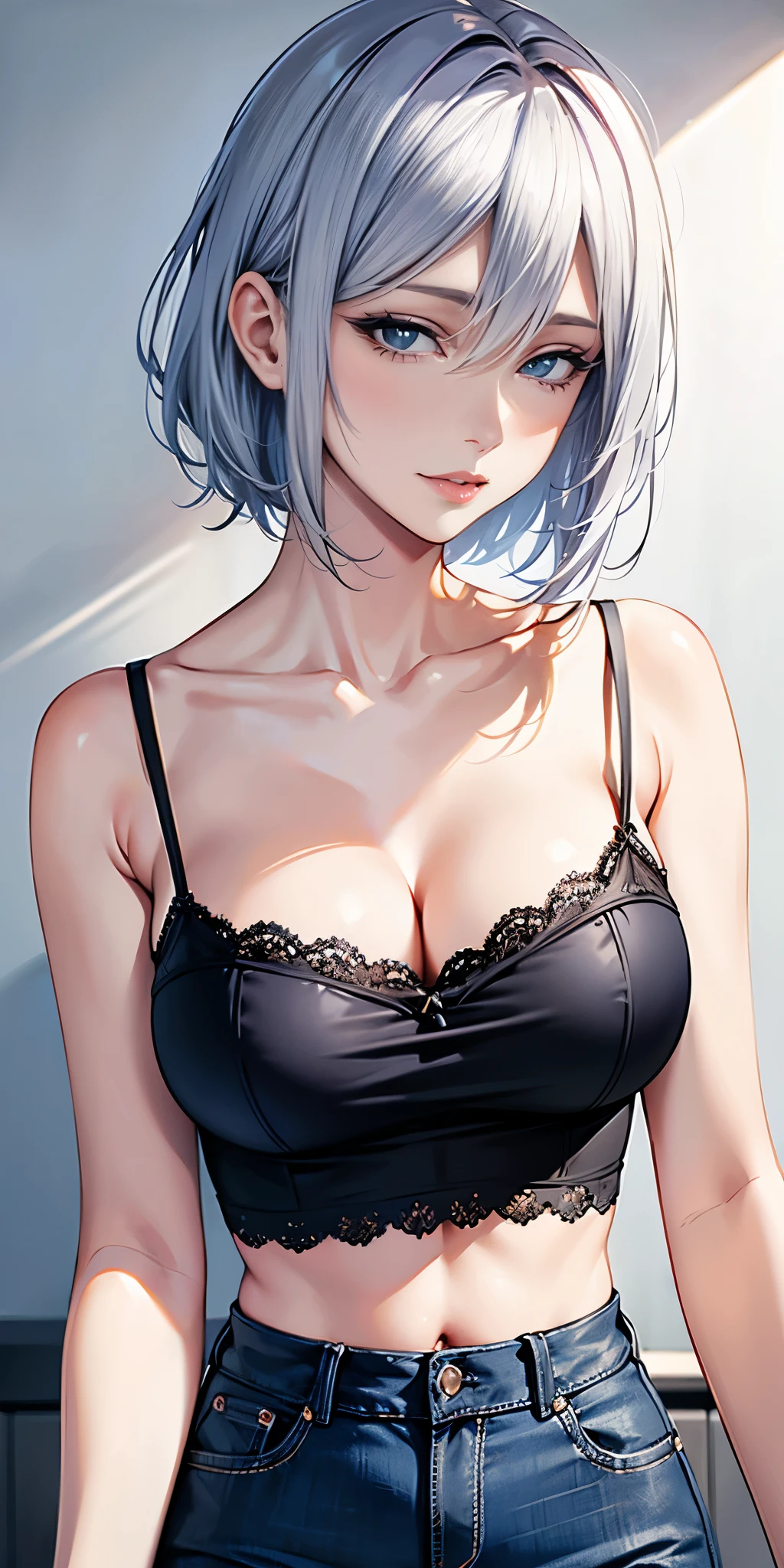 Mature beautiful female,silver hair,blue eyes,short camisole,crop shirt,breast,white,Art, anime,illustration,high details