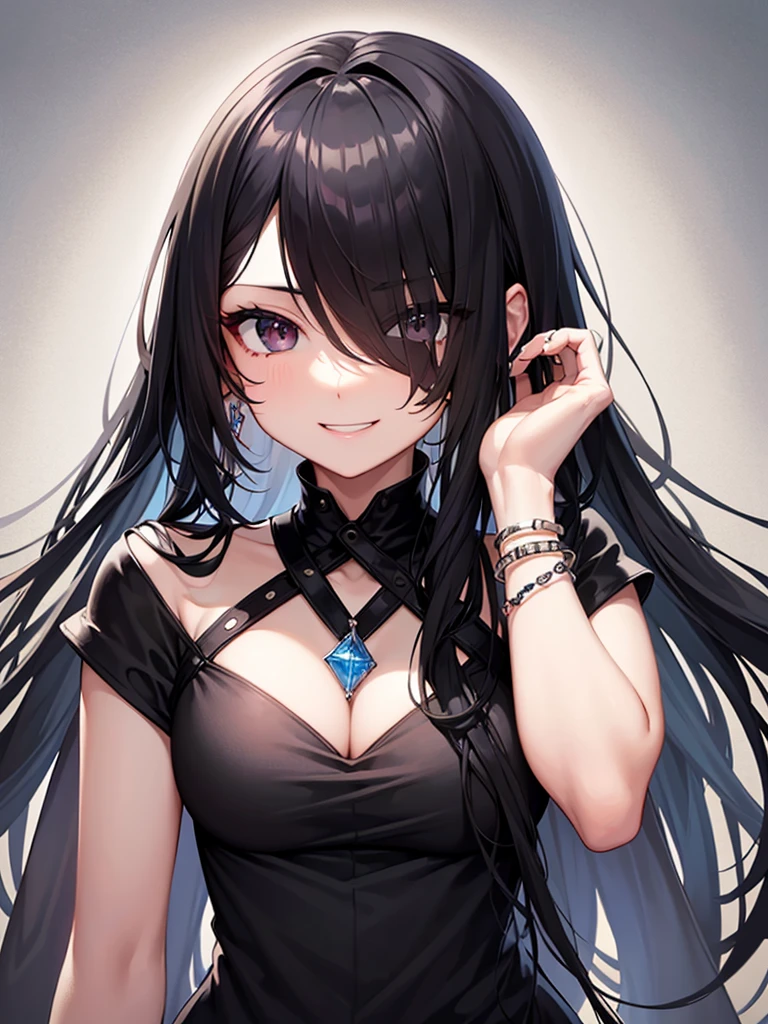 Long black hair、black eye、Female in her early 20s、Face close-up、smile、dress、gem、necklace、bracelet、ring