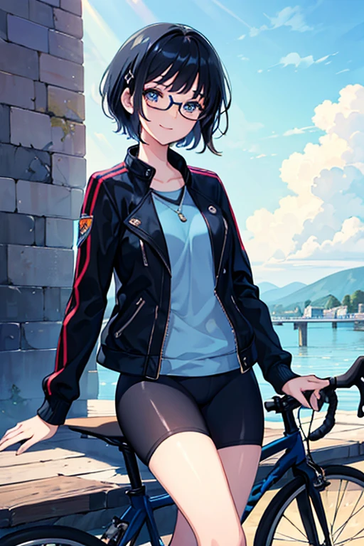 ((Highest quality)), ((masterpiece)), (Familiar), Illustration Style,Perfect Face,1 Girl,Black Hair,Short Hair,Glowing Skin,big, Bright Blue Eyes,Beautiful Bangs,Small breasts,Super Beauty,woman,16 years old,Riders jacket,Beautiful clothes,bike,Touring,Glasses,smile