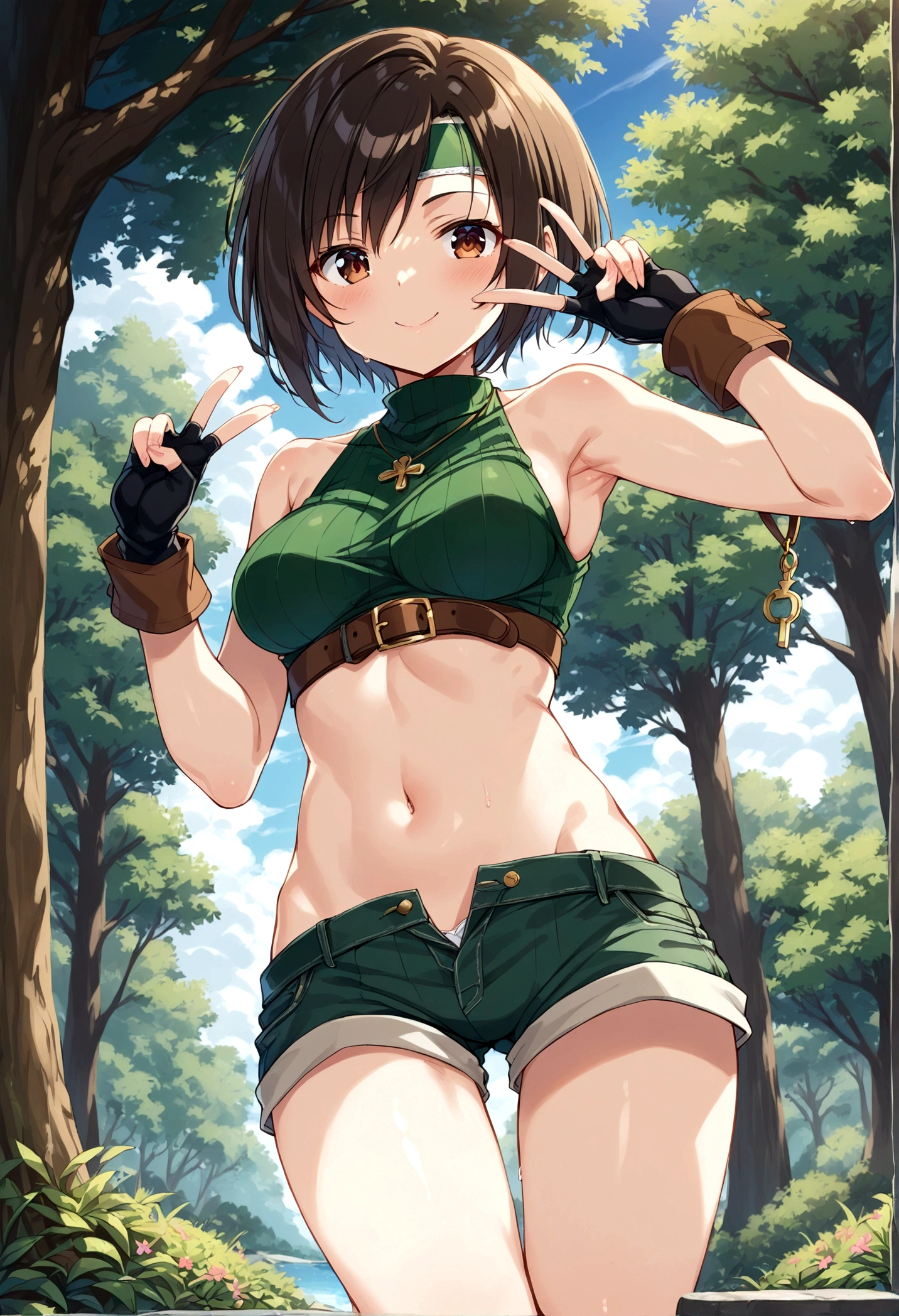 score_9, score_8_up, score_7_up,score_6, score_5,rating_safe BREAK , (from front,soro focus,(),standing,straight-on,(wide-eyed),(>:d ),(upperbody:1.5),looking_at_viewer, 1girl, yuffie kisaragi, final fantasy, ,
short hair
headband
navel
sleeveless
turtleneck
brown eyes
sleeveless turtleneck
solo
breasts
looking at viewer
gloves
crop top
brown hair
shorts
midriff
sweater
open fly
fingerless gloves
ribbed sweater,medium_breasts, (v over eye,hands up),Solo,clear sky,(daytimescene and forest),depth of field, perfect hands,anime artwork, anime style, key visual, vibrant, studio anime,,anime coloring, masterpiece, best quality,
best aestethic, absurdres,,