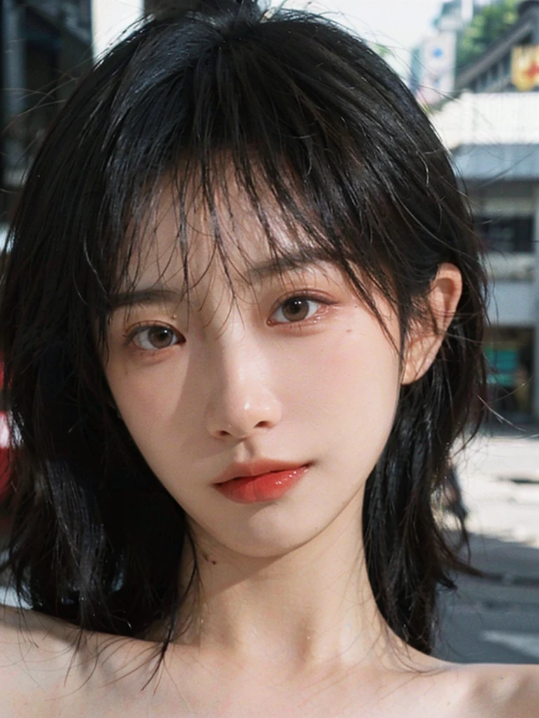 (Skin details:1.4), (smooth skin textures:1.3), (Upper body:1.4),(Upper Body:1.3)Lipstick, background, earrings, serene, calm, (Realistic and detailed eyes:1.2), Natural skin texture, Realistic facial details, Soft dramatic lighting, Vivid details, 35 mm film, outdoor, (Photo Practical:1.4), (hyper Practical:1.4), (Practical:1.3), (Smoother lighting:1.05), (Improve lighting quality:0.9), (Highest quality real skin textures:1.4), Exquisite eyes, Delicate face, Close-up of face, (Enhance the beauty of skin texture:1.1), Hair details,(Large Breasts:1.3)normal body ratio, short hair, Moles under the eyes, A faint smile,Portrait Photography, Depth of Field, Bokeh, Surrealism, Ray Tracing, (Portrait Photography:1.1), Surrealism, High Detail, Chiaroscuro, Ray Tracing, reflected light, Ultra HD, Ultra HD, masterpiece, Textured Skin, Super Detail, High Detail, high quality, best quality