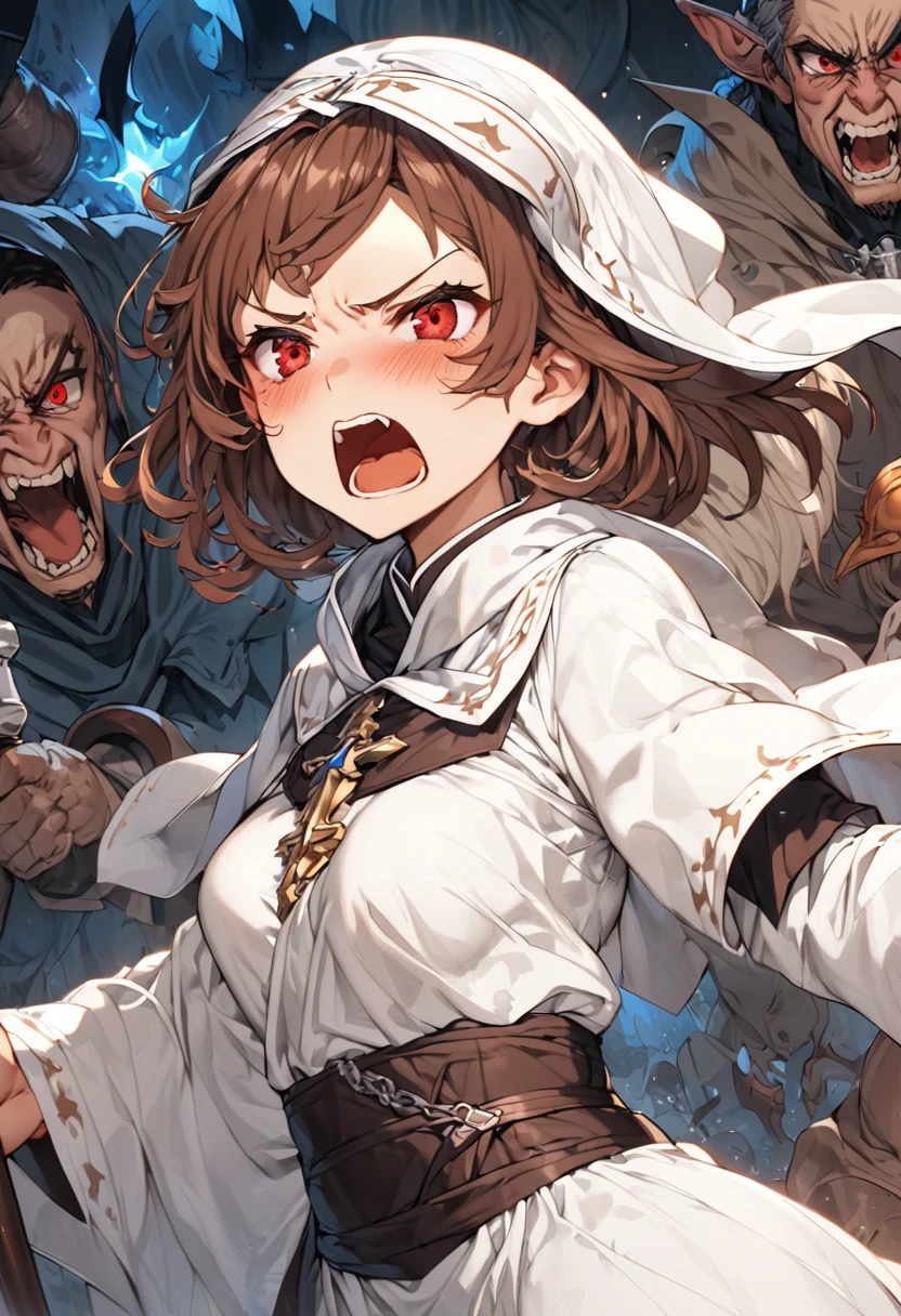 Adult female, average Height, very short brown nair, red eyes, cleric, black on white cleric robes, blushing, angry, tsundere, yelling, fantasy dungeon in the dark, running from monsters, highly detailed, high quality, perfect eyes