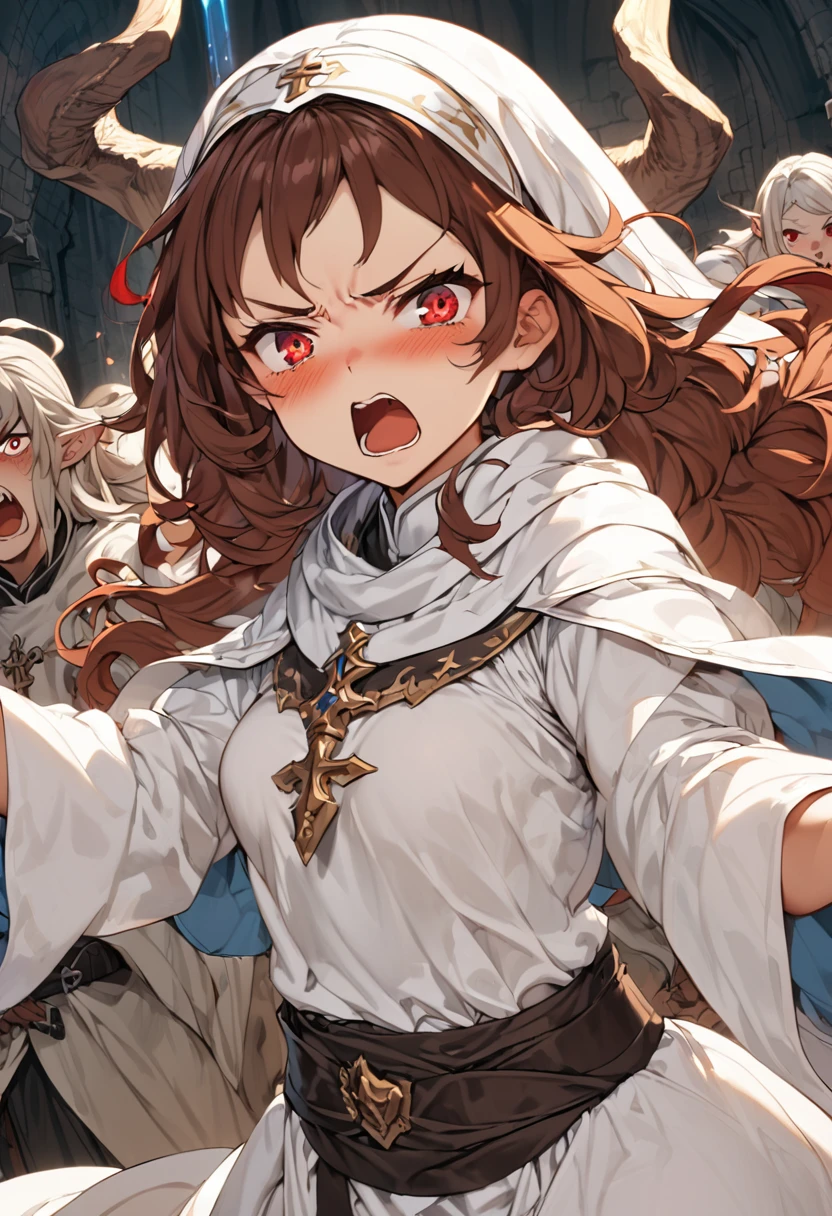 Adult female, average Height, very short brown nair, red eyes, cleric, black on white cleric robes, blushing, angry, tsundere, yelling, fantasy dungeon in the dark, running from monsters, highly detailed, high quality, perfect eyes