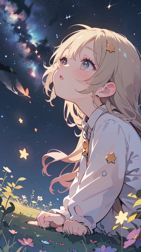 Scene of cute girl character lying on a grassy hill,Delicate makeup,Looking up at the starry sky.,Shining stars々Flowing,Surround her with colorful nebulae and her favorite constellations