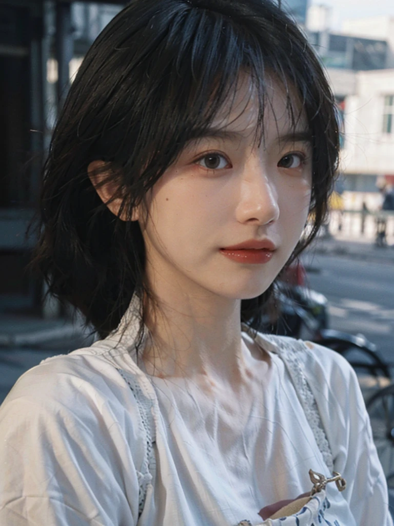 (Skin details:1.4), (smooth skin textures:1.3), （Upper body：1.4），（Upper Body：1.3）Lipstick, background, earrings, serene, calm, (Realistic and detailed eyes：1.2）, Natural skin texture, Realistic facial details, Soft dramatic lighting, Vivid details, 35 mm film, outdoor, (Photo Practical:1.4), (hyper Practical:1.4), (Practical:1.3), (Smoother lighting:1.05), (Improve lighting quality:0.9), (Highest quality real skin textures:1.4), Exquisite eyes, Delicate face, Close-up of face, (Enhance the beauty of skin texture:1.1), Hair details,（Large Breasts：1.3）normal body ratio, short hair, Moles under the eyes, A faint smile,Portrait Photography, Depth of Field, Bokeh, Surrealism, Ray Tracing, (Portrait Photography:1.1), Surrealism, High Detail, Chiaroscuro, Ray Tracing, reflected light, Ultra HD, Ultra HD, masterpiece, Textured Skin, Super Detail, High Detail, high quality, best quality