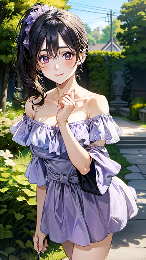 (masterpiece:1.3, Highest quality, Ultra-high resolution, Super detailed), (Realistic, photoRealistic:1.4), Beautiful illustrations, Perfect lighting, Natural light, colorful, Depth of written boundary, Surrealism,
Beautiful detailed hair, Beautifully detailed face, Beautiful attention to detail, Beautiful clavicle, Beautiful body, Beautiful breasts, Beautiful thighs, Beautiful feet, Beautiful fingers, 
View your viewers, 1 Girl, Japanese, Female college student、 (Idol Sculpture), (Perfect Anatomy, Anatomically correct), Cute and symmetrical face, Baby Face, Perfect Face, Perfect Eyes, Shiny skin, thin, 
(Black Hair, Wavy Hair:0.8, Side Ponytail：1.2), Hair between the eyes, Dark brown eyes, Long eyelashes, (Large Breasts:0.8, Captivating thighs), 
((Light purple off-shoulder knit dress:1.4)),short boots、 
(Beautiful views), (winter), evening, (garden), Walking, (Cute smile, Upward glance),