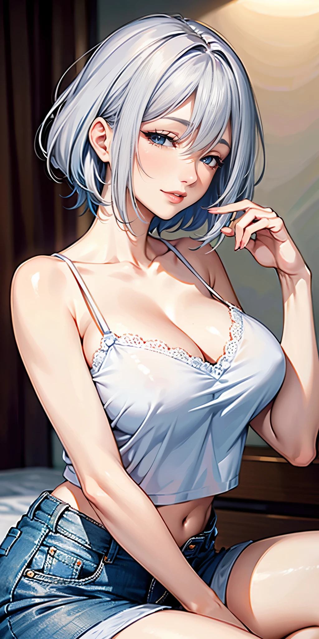 Mature beautiful female，silver hair，blue eyes，short camisole，crop shirt，breast，white，Art， anime，illustration，high details