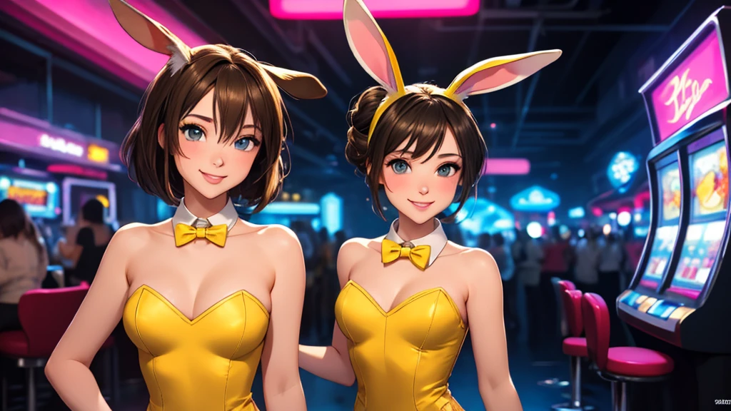 masterpiece, best quality, 1girl, solo, random face and hair, random pose, looking at viewer, breasts, playful, smiling, mature female, collarbone, janeporter, short hair, hair bun, playboy bunny, detached collar, fake animal ears, rabbit ears, rabbit tail, cyberpunk, neon lights, indoors, casino, yellow leotard, bowtie, depth of field,