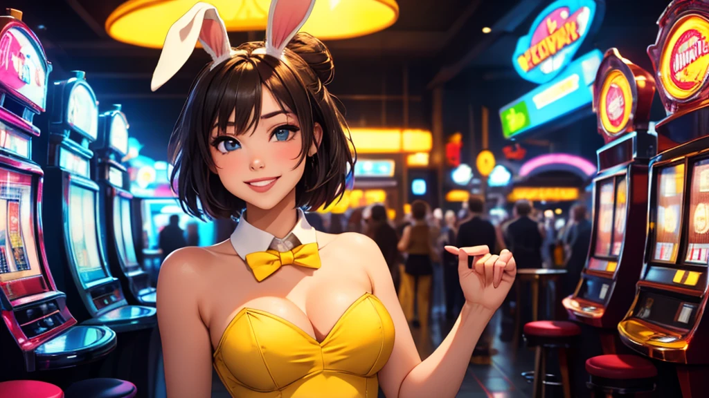 masterpiece, best quality, 1girl, solo, random face and hair, random pose, looking at viewer, breasts, playful, smiling, mature female, collarbone, janeporter, short hair, hair bun, playboy bunny, detached collar, fake animal ears, rabbit ears, rabbit tail, cyberpunk, neon lights, indoors, casino, yellow leotard, bowtie, depth of field,
