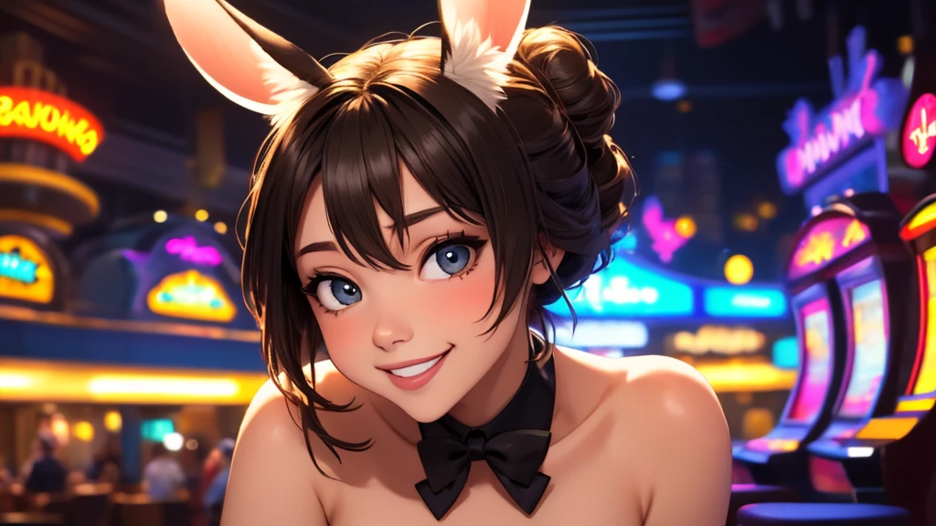 masterpiece, best quality, 1girl, solo, random face and hair, random pose, looking at viewer, breasts, playful, smiling, mature female, collarbone, janeporter, short hair, hair bun, playboy bunny, detached collar, fake animal ears, rabbit ears, rabbit tail, cyberpunk, neon lights, indoors, casino, yellow leotard, bowtie, depth of field,