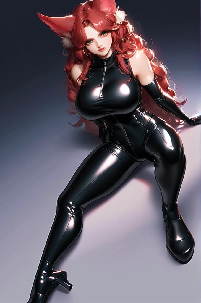 ((Лучшее качество)), ((шедевр)), (подробный), kitsune, very large breasts, latex black jumpsuit, sexy appearance, red hair, long fox ears, big lips, full-length, one-piece full-body suit, big ass