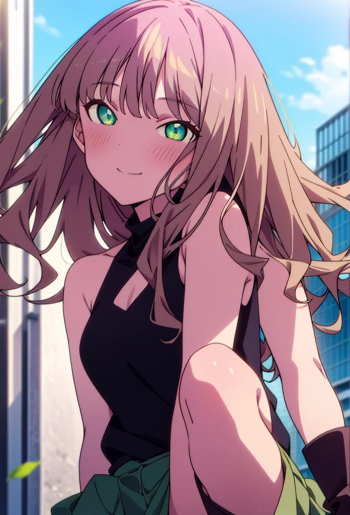 minami yume ,sss Dynazenon ,Long Hair, Brown Hair, (Green Eyes:1.5) ,blush,smile,hair band,Sleeveless shirt,Long skirt,short boots,Daytime,Clear skies,Walking,whole bodyがイラストに入るように, break looking at viewer, whole body,(Cowboy Shot:1. 5) , break outdoors ,Building district, break (masterpiece:1.2), Highest quality, High resolution, unity 8k wallpaper, (shape:0.8), (Beautiful and beautiful eyes:1.6), Highly detailed face, Perfect lighting, Extremely detailed CG, (Perfect hands, Perfect ???????),