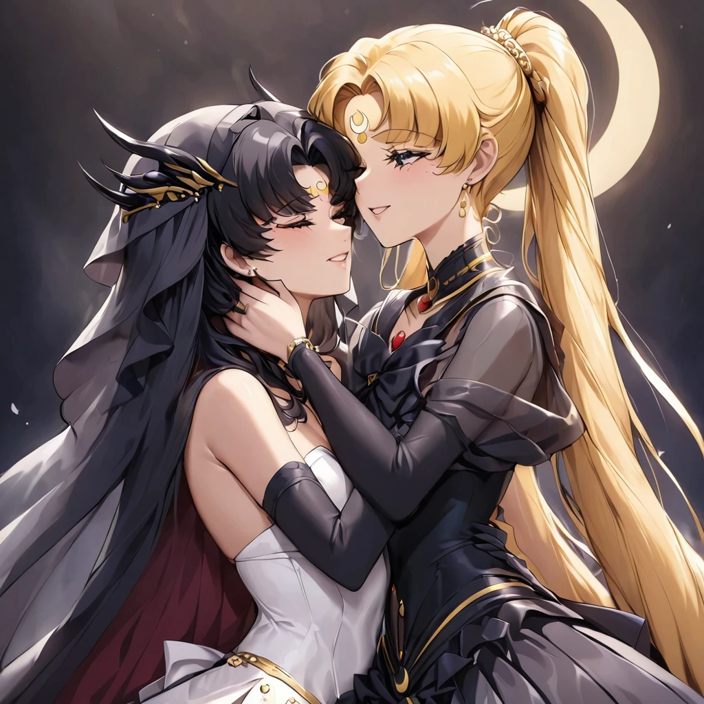 ((Highest quality)), ((masterpiece)), (detailed), (Perfect Face)、Black moon mark on forehead、The woman is Black Serenity, the noble dark queen of the Black Moon clan and has blonde hair.2The woman with long hair tied in a knot is Princess Serenity, a strong, evil, naked demon king, and the two are embracing each other as a dark bride, kissing and getting married.、The woman has a black inverted crescent moon mark on her forehead, a gorgeous and glittering black gothic Victorian dress, a black veil and a black see-through cape, and is wearing luxurious jeweled accessories. She is the Queen of Darkness, the jet-black Princess Serenity, looking at the camera with a happy expression, and has the expression of a maiden in love.、A woman and a strong, evil demon king man are embracing the dark bride woman, kissing her vows and getting married.、The man is a strong and evil demon king, and he embraces the woman, kisses her and gets married.、Men and women in love