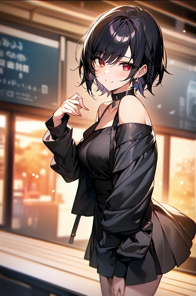 (masterpiece, highest quality, highest quality, (No text), Beautiful and aesthetic:1.2),No text,アニメ、BREAK,One Girl，Black Hair Girl　short hair　older sister　choker　Tree Eyes　Beautiful eyes　Red eyes　cool　smile　Red and Black　Black jacket　mini skirt　whole body　In town