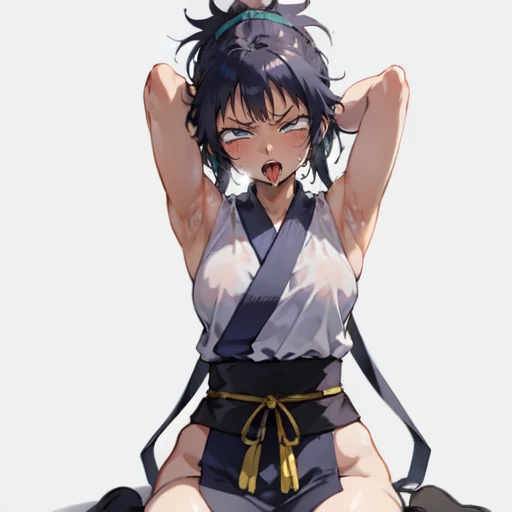 1girl, (ahegao), (masterpiece:1.3), (high resolution), (8K), (extremely detailed), (4k), (pixiv), perfect face, nice eyes and face, (best quality), (super detailed), detailed face and eyes, (solo), textured skin, absurdres, highres, wzkomachine, white eyes, Small , sash, bike shorts, short sleeves, bangs, black gloves, fingerless gloves, long hair, black hair,ponytail, japanese clothes, kimono, sitting on floor, looking at viewer,Nipple re,Sexy, flirtats, Solitary, eternity, - Hip vents, No underwear,No eyeballs, Also available in black, low twin braids,Facing the audience, looking at the audience, tired, from below, (Exposed armpit:1.1), ((armpit:1.2)), sexy, Sweating, e and more sweat,(ahegao), (Roll your eyes), Naughty face, blush, open mouth, Sticking out tongue, saliva, Slobber,Skinny, raise arms, (arms above head:1.5)