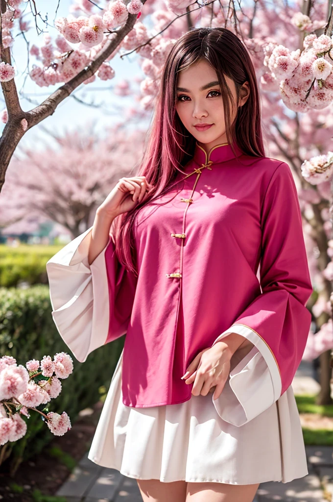 Nsfw, Meimei,pink hair flower,chinese clothes,pink shirt,white skirt,sleeves past wrists,outside,cherry blossoms,, (masterpiece, best quality, high quality, highres, ultra-detailed),