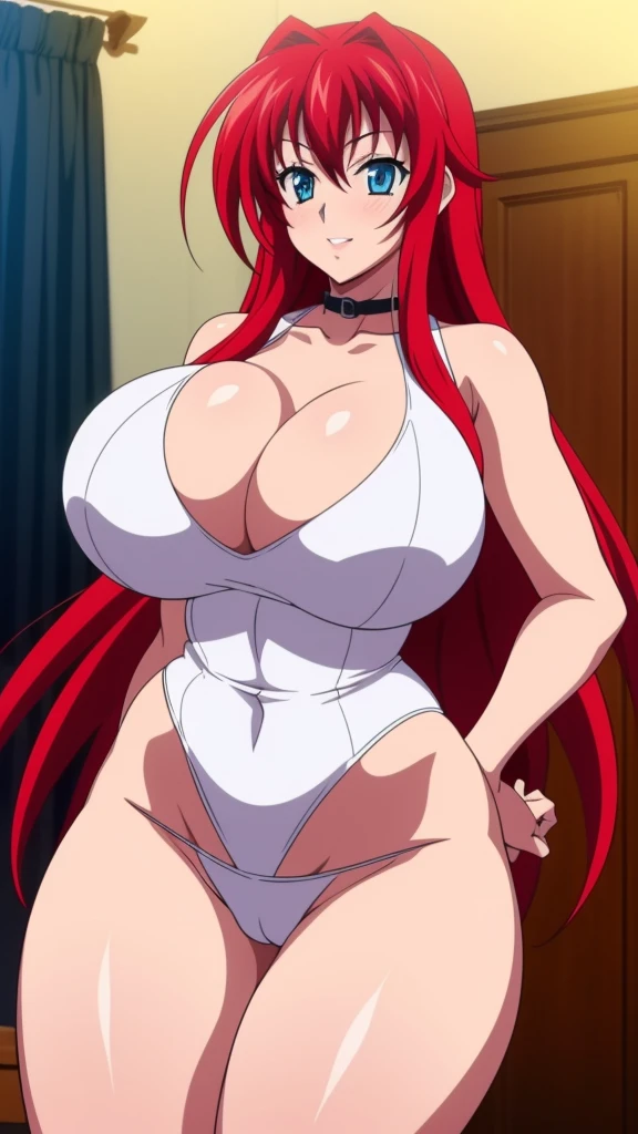 High resolution, Highschool Dxd, Rias Gremory, 1girl, ((bimbo))), long red hair, blue eyes, erotic smile face, sexy face, puffy lips, painted lips, thick lips, wide hips, thick thighs, thick hourglass figure, busty, enormous Natural breasts, shiny skin, oily skin, hot pants, white top, gym, revealing cleavage, sweat, tall, legs, breasts posing,