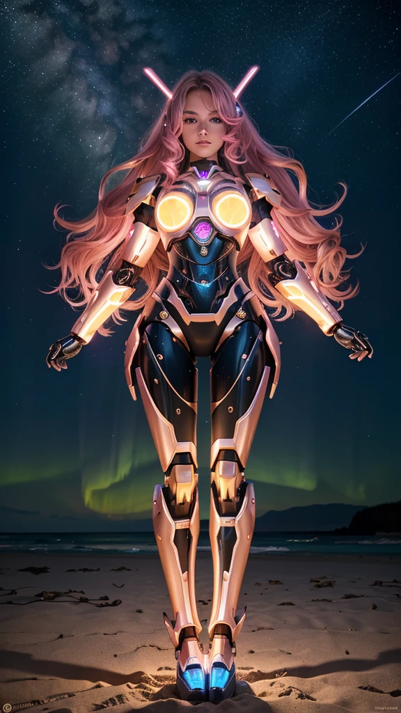 Best quality, masterpiece, awards winning photograph, goddess girl, ((extremely beautiful)), full makeups, pink wavy hair, ((realistic)), ((hair blown by the winds)), glowing pink eyes, ((slim body)), (gold and black luminous mecha armor colors), ((blue luminous mechanical armor)), ex Machina armor, ((full luminous mecha armor)), ((epic luminous mecha armor details)), android girl, perfect face, ((full body shown)), night at beach, full of stars, aurora borealis, nebula skies, shooting stars, cinematic light, epict lights details, ((symmetrical pose)), from below.